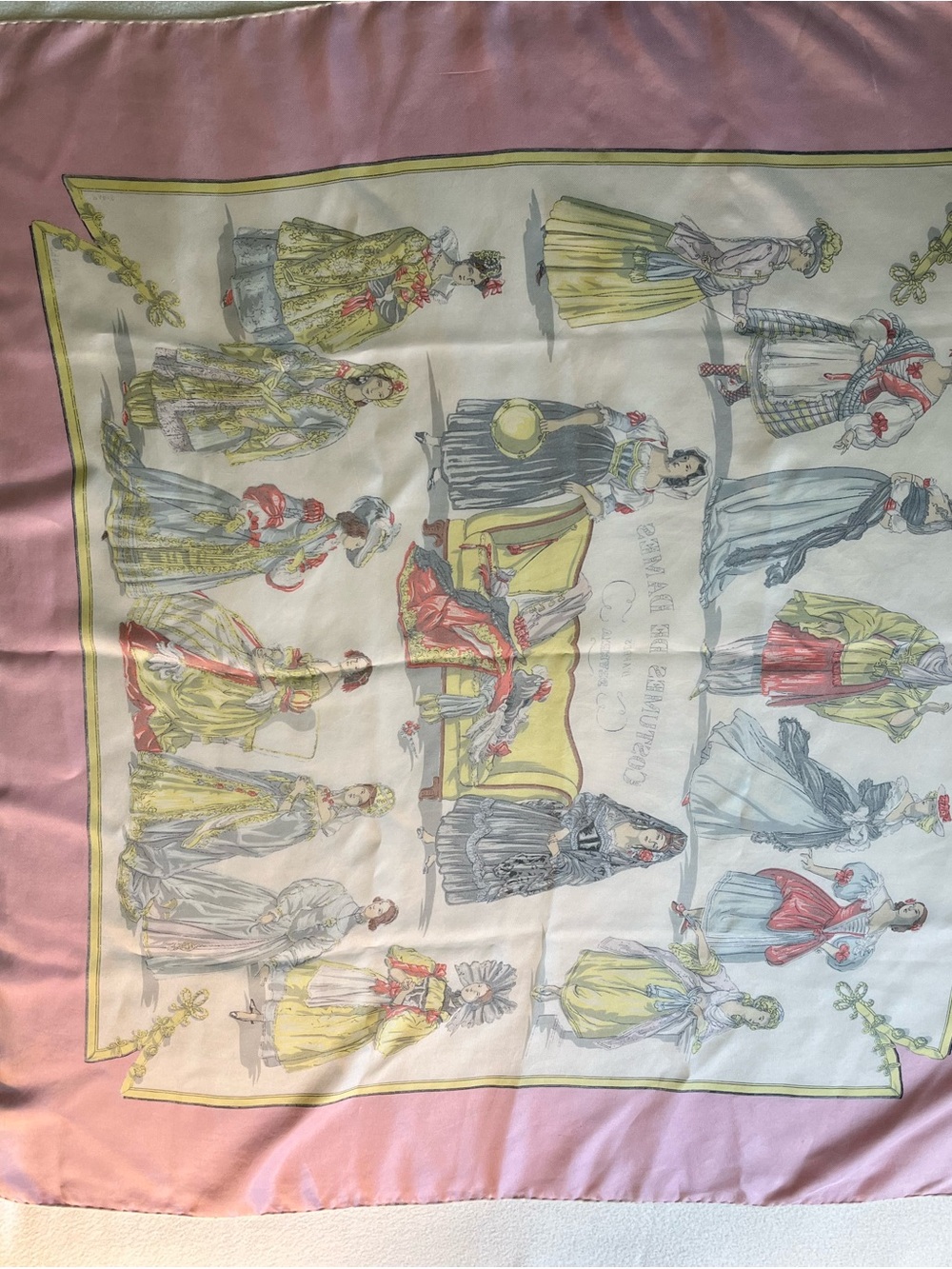 Hermès 'Costumes de Dames' Silk Scarf in Pink, Yellow, Gray - Picture 2 of 13